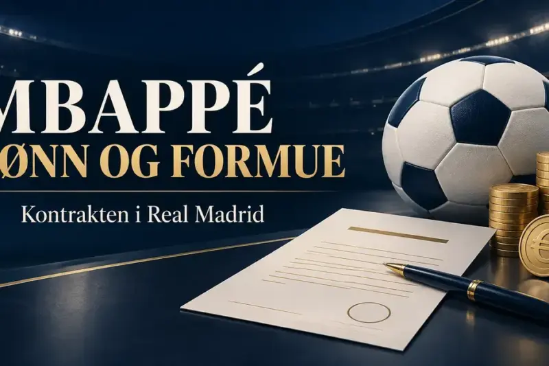 Illustrasjon av en fotball, en kontrakt med penn og stabler med euromynter, med teksten «Mbappé – lønn og formue» og «Kontrakten i Real Madrid».