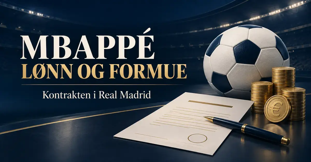 Illustrasjon av en fotball, en kontrakt med penn og stabler med euromynter, med teksten «Mbappé – lønn og formue» og «Kontrakten i Real Madrid».
