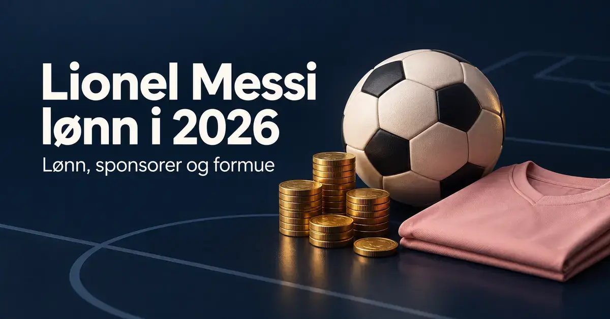 Illustrasjon av en fotball, gullmynter og en rosa fotballdrakt med teksten «Lionel Messi lønn i 2026 – Lønn, sponsorer og formue».