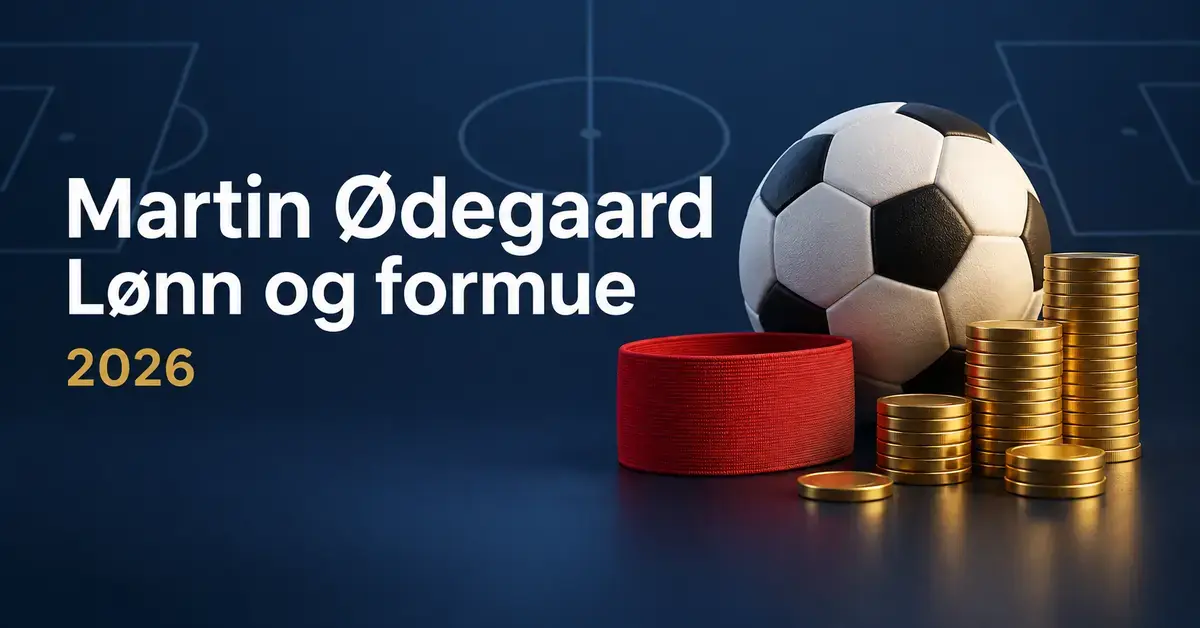 Illustrasjon med fotball, rødt kapteinsbind og gullmynter på mørkeblå bakgrunn, med teksten «Martin Ødegaard – Lønn og formue 2026».