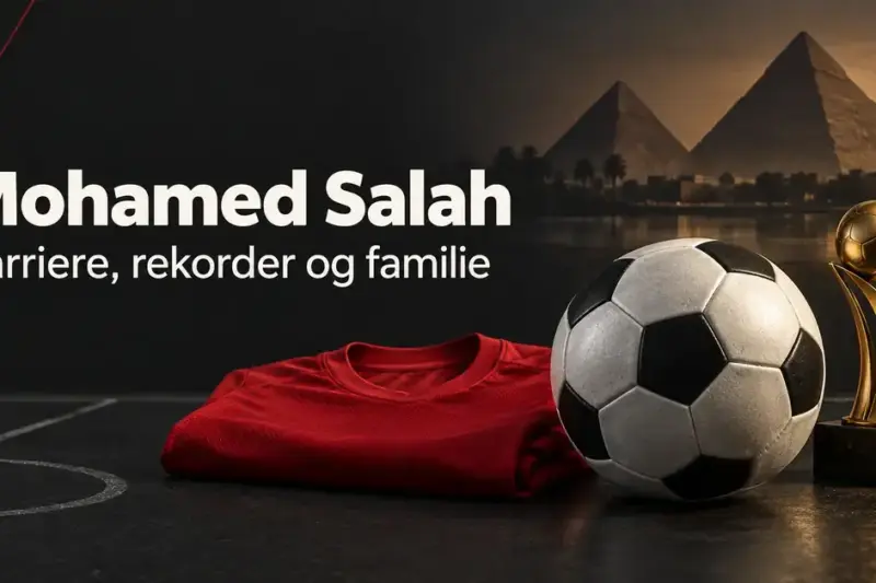 Grafikk med teksten «Mohamed Salah – Karriere, rekorder og familie», en fotball, en rød drakt og et gulltrofé foran egyptiske pyramider.