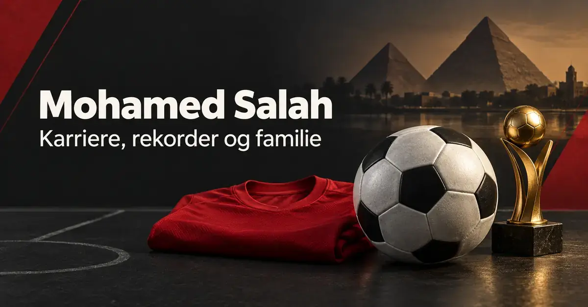 Grafikk med teksten «Mohamed Salah – Karriere, rekorder og familie», en fotball, en rød drakt og et gulltrofé foran egyptiske pyramider.