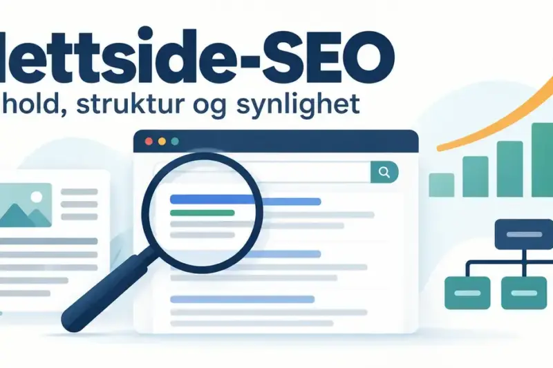 Illustrasjon av nettside-SEO med søkeresultater, forstørrelsesglass, innholdsstruktur og en stigende graf som symboliserer økt synlighet.