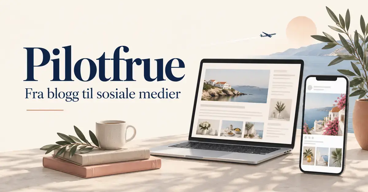 Illustrasjon med teksten «Pilotfrue – Fra blogg til sosiale medier», en bærbar datamaskin, en mobiltelefon og et fly over et kystlandskap.