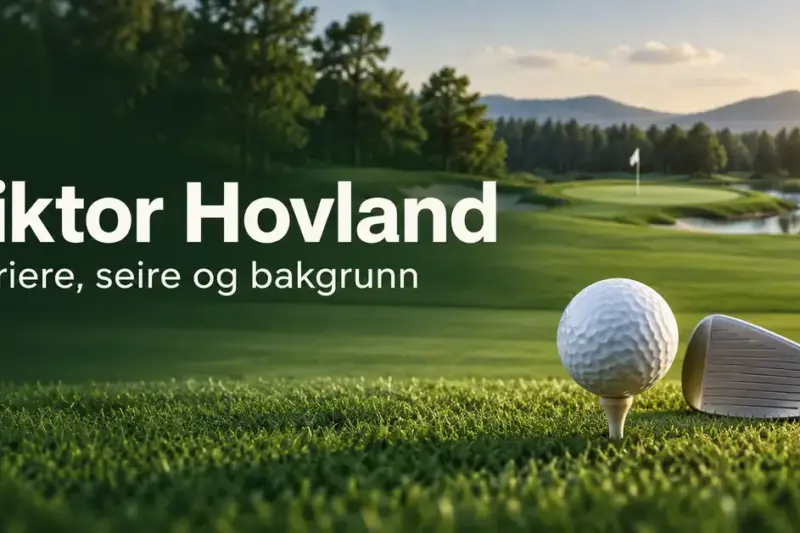 Golfball på peg og en golfkølle foran en grønn golfbane med teksten «Viktor Hovland – Karriere, seire og bakgrunn».