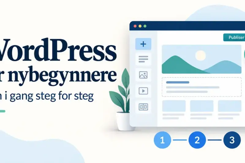 Illustrasjon av en nettsideredigerer med publiseringsknapp og tre nummererte steg, ved siden av teksten «WordPress for nybegynnere – Kom i gang steg for steg».