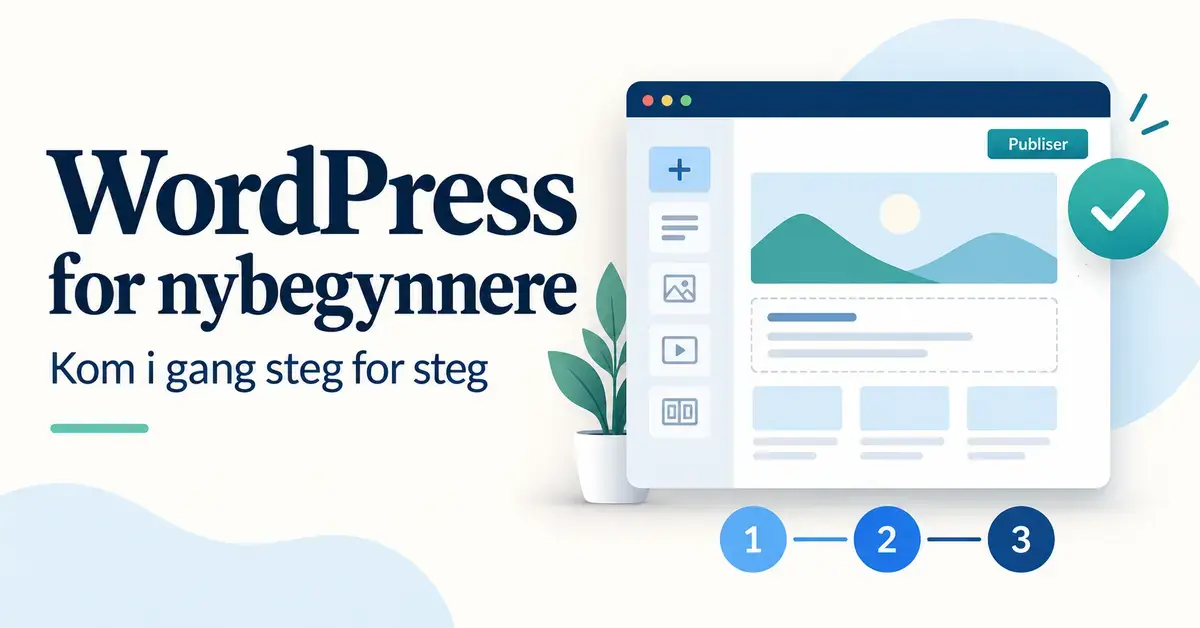 Illustrasjon av en nettsideredigerer med publiseringsknapp og tre nummererte steg, ved siden av teksten «WordPress for nybegynnere – Kom i gang steg for steg».
