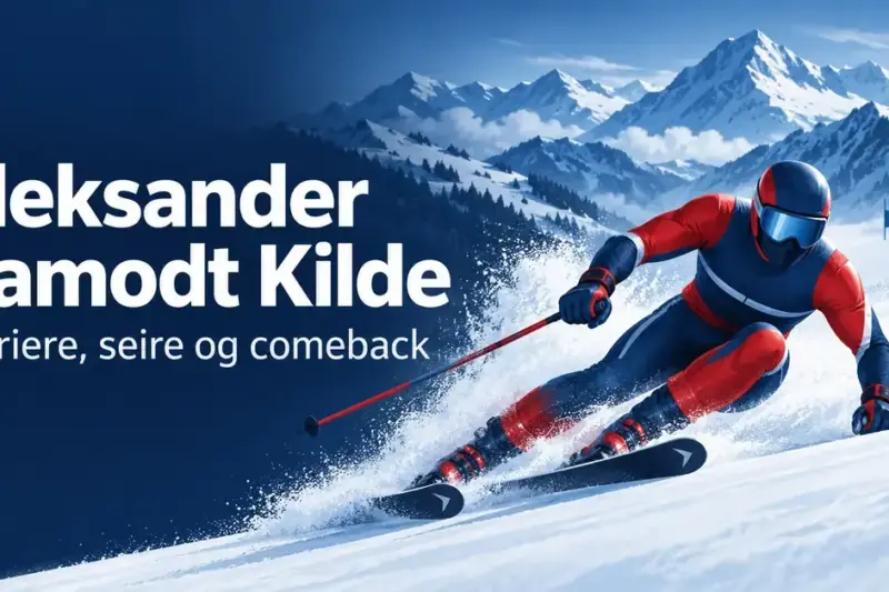 Illustrasjon av en anonym alpinist i rød og blå drakt i en snødekt fjellside, med teksten «Aleksander Aamodt Kilde – Karriere, seire og comeback».