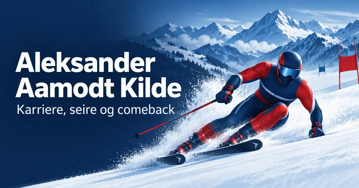 Illustrasjon av en anonym alpinist i rød og blå drakt i en snødekt fjellside, med teksten «Aleksander Aamodt Kilde – Karriere, seire og comeback».