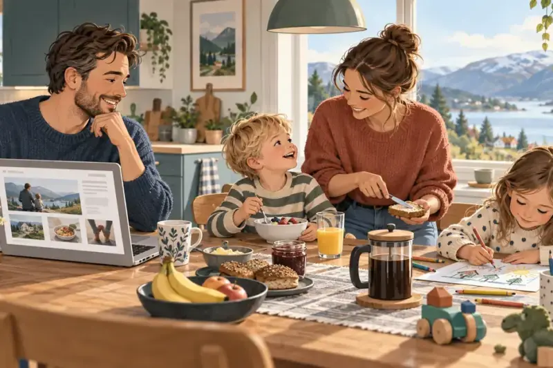 Illustrasjon av to foreldre og to barn rundt frokostbordet, med en familieblogg på en bærbar datamaskin og norsk fjordlandskap utenfor vinduet.
