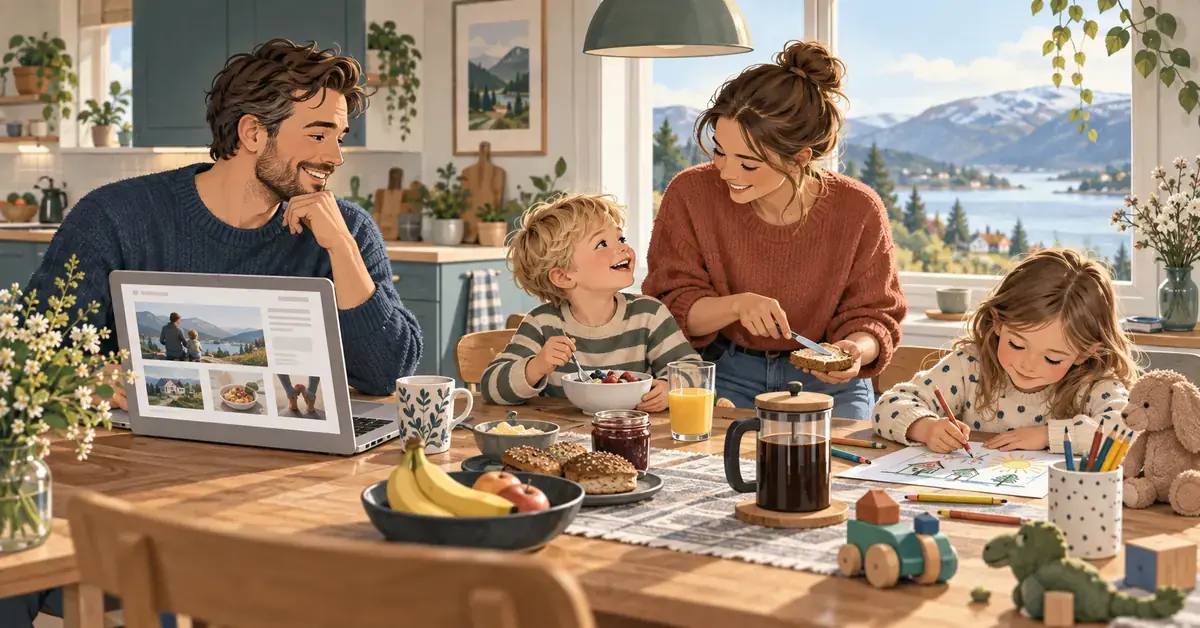 Illustrasjon av to foreldre og to barn rundt frokostbordet, med en familieblogg på en bærbar datamaskin og norsk fjordlandskap utenfor vinduet.