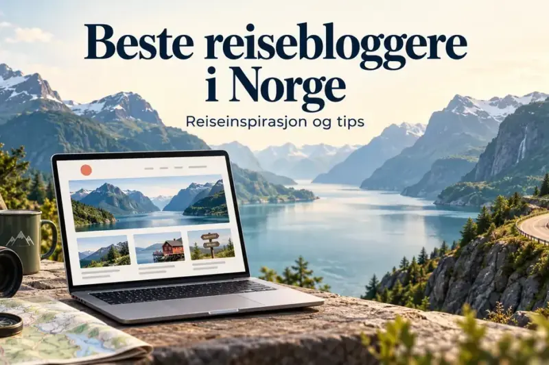 En bærbar datamaskin med en reiseblogg, et kamera og et kart foran en norsk fjord med høye fjell og en bobil på en svingete vei, under teksten «Beste reisebloggere i Norge – Reiseinspirasjon og tips».
