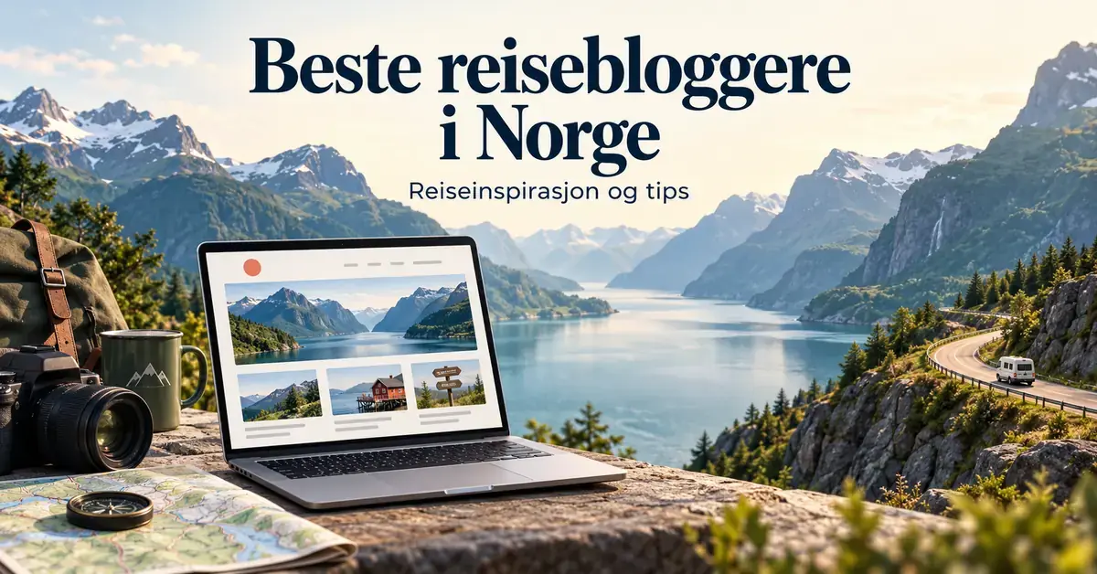 En bærbar datamaskin med en reiseblogg, et kamera og et kart foran en norsk fjord med høye fjell og en bobil på en svingete vei, under teksten «Beste reisebloggere i Norge – Reiseinspirasjon og tips».