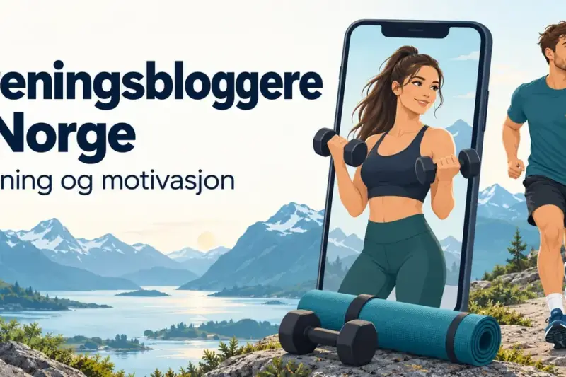 Illustrasjon av en kvinne som trener med manualer på en mobilskjerm og en mann som løper i et norsk fjellandskap, med teksten «Treningsbloggere i Norge – Trening og motivasjon».
