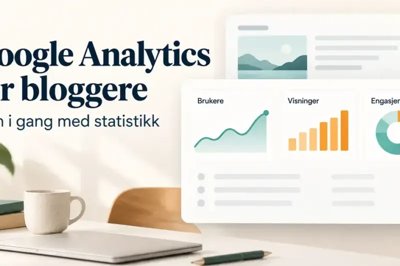Illustrasjon av bloggstatistikk med diagrammer for brukere, visninger og engasjement og teksten «Google Analytics for bloggere – Kom i gang med statistikk».