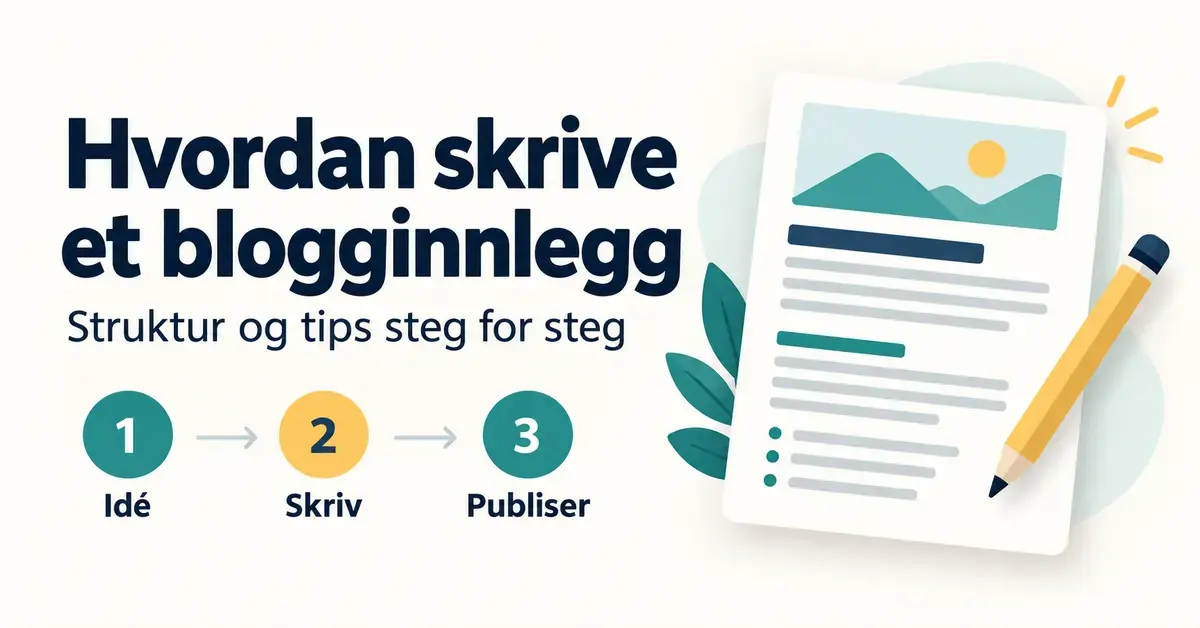 Illustrasjon av et blogginnlegg og en blyant med overskriften «Hvordan skrive et blogginnlegg» og de tre stegene idé, skriv og publiser.