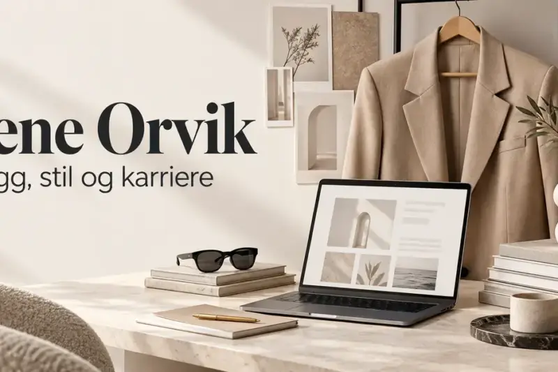 Artikkelillustrasjon med teksten «Lene Orvik – Blogg, stil og karriere», en beige blazer, solbriller, en bærbar datamaskin og interiørdetaljer i lyse naturtoner.