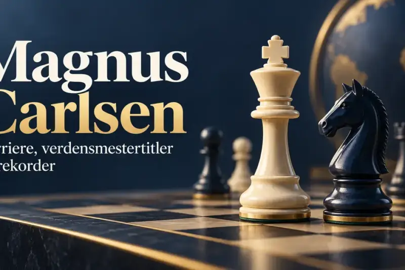 En lys konge og en mørk springer på et sjakkbrett ved siden av teksten «Magnus Carlsen – Karriere, verdensmestertitler og rekorder».