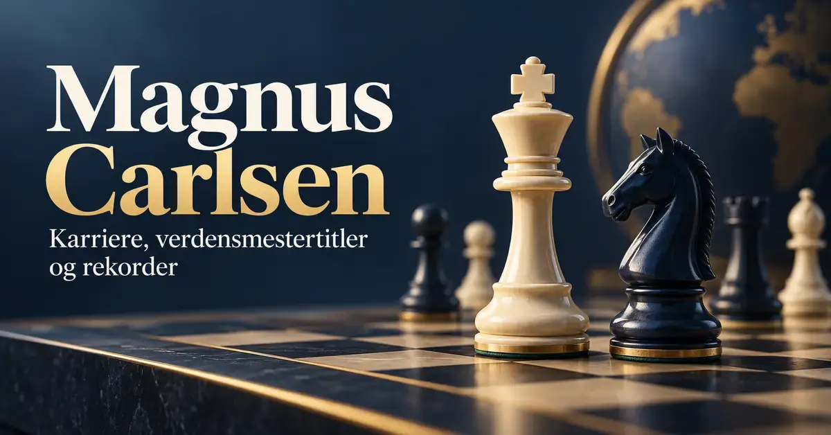 En lys konge og en mørk springer på et sjakkbrett ved siden av teksten «Magnus Carlsen – Karriere, verdensmestertitler og rekorder».