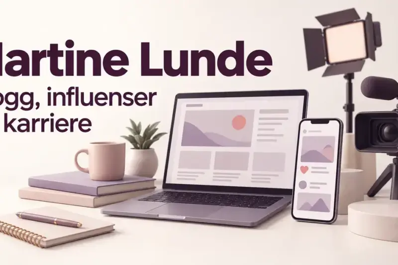 Illustrasjon med teksten «Martine Lunde – Blogg, influenser og karriere», en bærbar datamaskin, mobiltelefon og videokamera i duse lilla- og rosatoner.