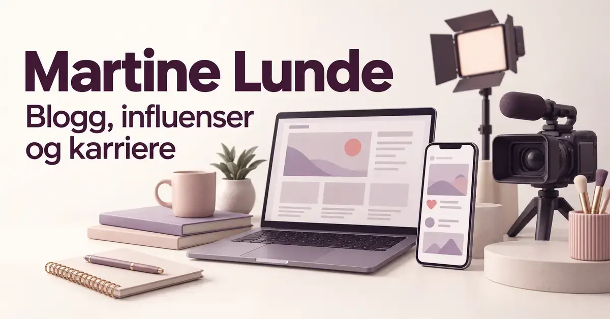 Illustrasjon med teksten «Martine Lunde – Blogg, influenser og karriere», en bærbar datamaskin, mobiltelefon og videokamera i duse lilla- og rosatoner.