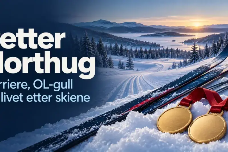 Langrennsski, staver og to gullmedaljer i et snødekt vinterlandskap med teksten «Petter Northug – Karriere, OL-gull og livet etter skiene».