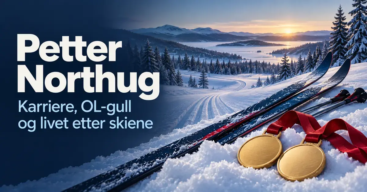 Langrennsski, staver og to gullmedaljer i et snødekt vinterlandskap med teksten «Petter Northug – Karriere, OL-gull og livet etter skiene».