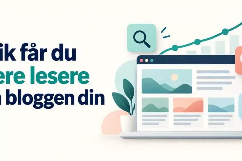 Illustrasjon av en blogg med stigende lesertall og symboler for søk, sosiale medier og e-post, ved siden av teksten «Slik får du flere lesere på bloggen din».