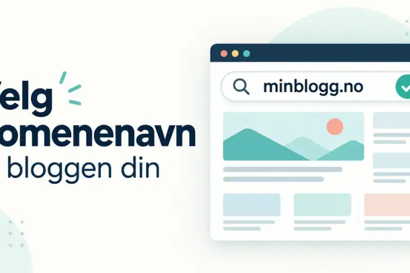 Illustrasjon av et nettleservindu med domenenavnet minblogg.no og en hake ved siden av teksten «Velg domenenavn til bloggen din».