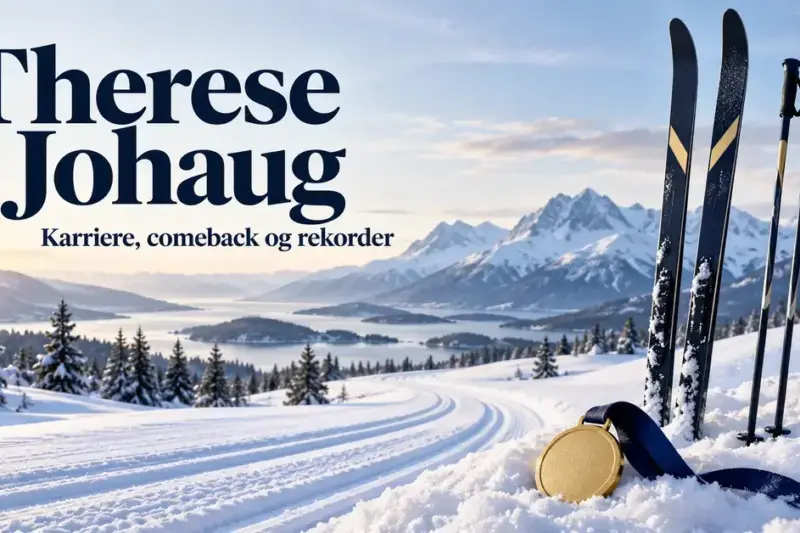 Langrennsski, staver og en gullmedalje i et snødekt fjellandskap med teksten «Therese Johaug – Karriere, comeback og rekorder».