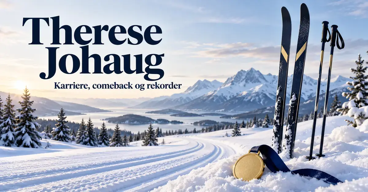 Langrennsski, staver og en gullmedalje i et snødekt fjellandskap med teksten «Therese Johaug – Karriere, comeback og rekorder».